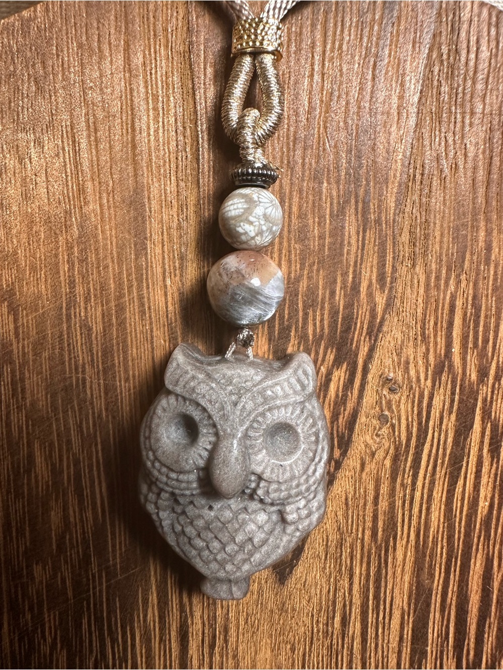 Alashan Agate Owl Pendant Necklace with Sunstone and Coral Fossil on Rope - Picture 5 of 12
